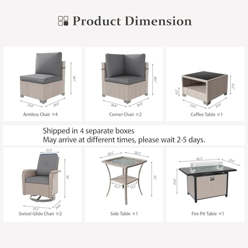 Aukreolis 11 Pieces Patio Furniture Set with Fire Pit Table, Outdoor Sectional Wicker Sofa with Thick Cushions, High Back Swivel Rocker Patio Chairs, Rattan Conversation Set with Coffee Table, Grey