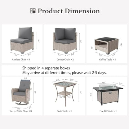 Aukreolis 11 Pieces Patio Furniture Set with Fire Pit Table, Outdoor Sectional Wicker Sofa with Thick Cushions, High Back Swivel Rocker Patio Chairs, Rattan Conversation Set with Coffee Table, Grey