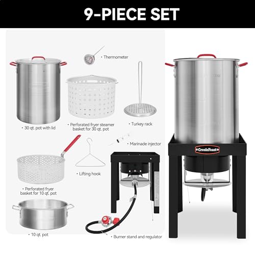 CreoleFeast TFS3010 Propane 30 Qt. Turkey and 10 Qt. Fish Fryer Boiler Steamer Set, 50,000 BTU Burner, Ideal for Outdoor Cooking