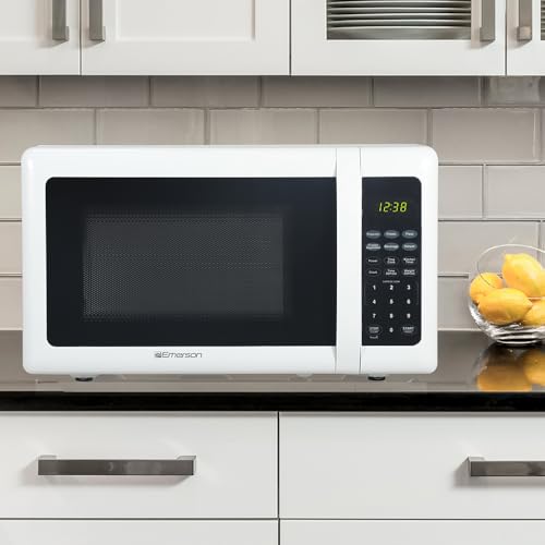 Emerson MW7302W Compact Countertop Microwave Oven with Touch Control, LED Display, 700W, 10 Power Levels, 6 Auto Menus, Glass Turntable and Child Safe Lock, 0.7 Cu., Ft. White