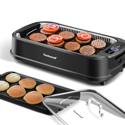 Indoor Smokeless Grill, Techwood 1500W Electric Indoor Grill with Tempered Glass Lid, Portable Non-stick BBQ Korean, Turbo Smoke Extractor Technology, Drip Tray& Double Removable Plate, Black