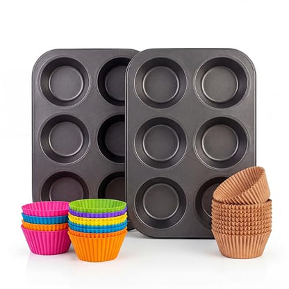PIGOABZ 2 Pack Jumbo Muffin Pan, 6 Cup Nonstick Texas Muffin Pans with 12 Reusable Silicone Muffin Cups and 100 Paper Liners, Jumbo Cupcake Baking Pans for Large Muffins (X-Large)