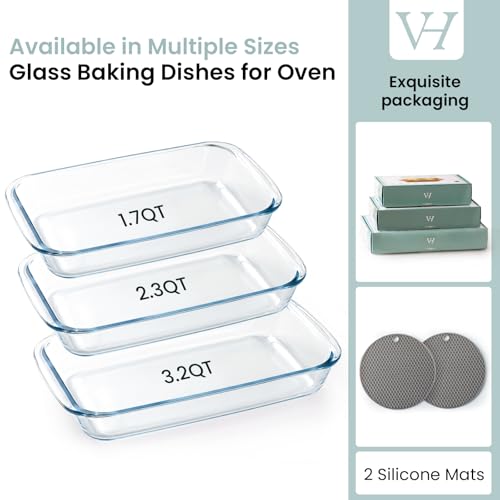 1.7 Quart Glass Baking Dishes for Oven, 7x12 Inch Borosilicate Glass Baking Dish, Lasagna Baking Dish with 2 Silicone Trivet Mats and Exquisite Design Packaging