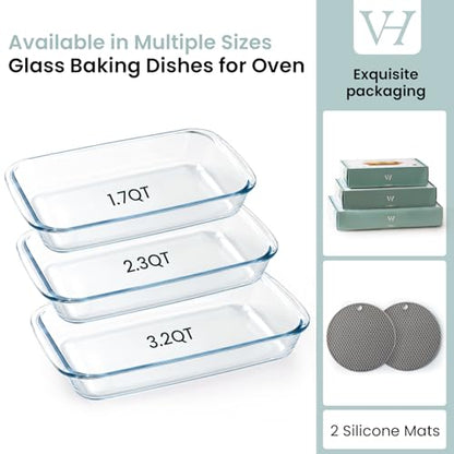 1.7 Quart Glass Baking Dishes for Oven, 7x12 Inch Borosilicate Glass Baking Dish, Lasagna Baking Dish with 2 Silicone Trivet Mats and Exquisite Design Packaging