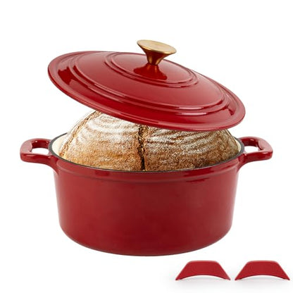 Tastedeli Enamel Cast Iron Dutch Oven with Lid, Round Casserole Pot for Bread Baking, Braising, Roasting, and Stews, Heavy-Duty, Oven Safe, Induction Compatible (4.7QT,Red)