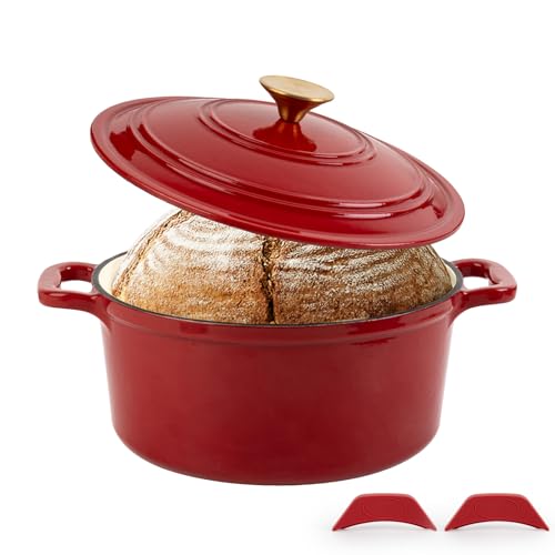 Tastedeli Enamel Cast Iron Dutch Oven with Lid, Round Casserole Pot for Bread Baking, Braising, Roasting, and Stews, Heavy-Duty, Oven Safe, Induction Compatible (4.7QT,Red)