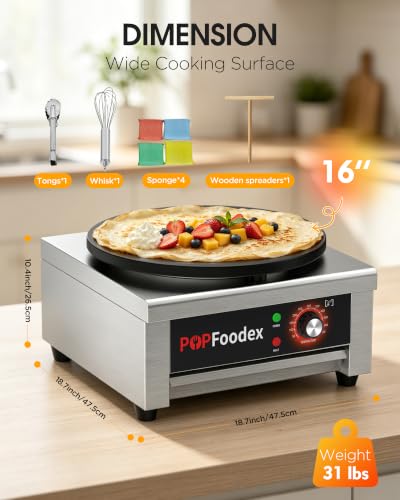 Popfoodex Commercial Crepe Maker - Independent Temperature Control, 1500W Electric Crepe Machine, 16 Inch Pancake Making Machine w/Nonstick Stainless Steel Plate, for Commercial Kitchen Use