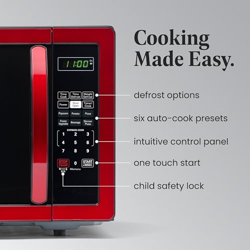 Farberware 1.1 Cu. Ft. Countertop Microwave Oven – 1000 Watts Power, Auto Cook Settings, Defrost, Easy Clean and Child Safety Lock - Metallic Red