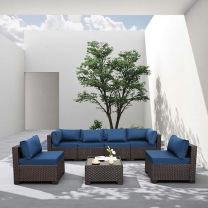 Rattaner Outdoor Sectional Sofa Set 7 Pieces Wicker Patio Furniture Couch Glass Table with Non-Slip Cushions Furniture Cover, Navy Blue