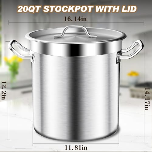 20Qt Brushed Stainless Steel Stock Pot With Lid - Large Stock Pot - Heavy Duty Induction Commercial Grade Stockpots for Soup, Stew, Oven, Gas, Ceramic, and Dishwasher Safe