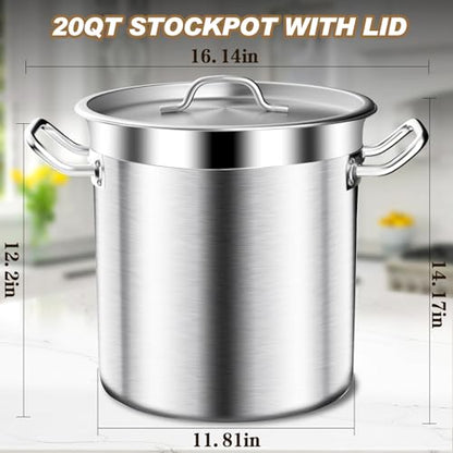 20Qt Brushed Stainless Steel Stock Pot With Lid - Large Stock Pot - Heavy Duty Induction Commercial Grade Stockpots for Soup, Stew, Oven, Gas, Ceramic, and Dishwasher Safe