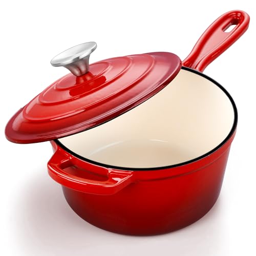 3 Quart Saucepan with Lid, Leonyo Enameled Cast Iron Sauce Pot, Large Enamel Cast Iron Dutch Oven Kitchen Cookware for All Cooktops Cooking Pasta, Soup, Milk - Up to 500°F & 8bs, Red