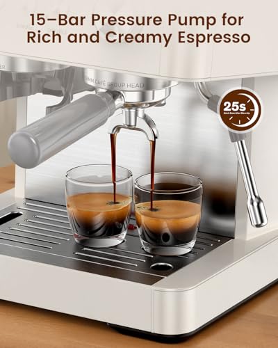 (2026 Upgrade) Espresso Machine with Grinder, 15 Bar Expresso Coffee Machines, Professional Coffee Maker for Latte&Cappuccino with Milk Frother, Expresso Machines for Home Descaling Kit Included White