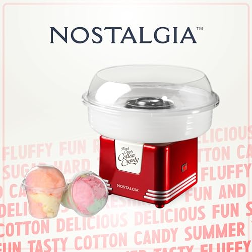 Nostalgia Cotton Candy Machine - Retro Cotton Candy Machine for Kids with 2 Reusable Cones, 1 Sugar Scoop, and 1 Extractor Head – Red