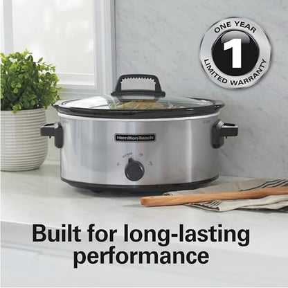 Hamilton Beach 6-Quart Slow Cooker with 3 Cooking Settings, Dishwasher-Safe Stoneware Crock & Glass Lid, Silver (33665G)