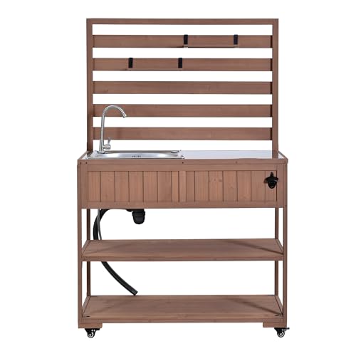 Pasirou 41.7" W Outdoor Kitchen Island with Stainless Steel Top, Garden Potting Bench with Sink, Rolling Grill Cart with 2 Movable Shelves, 1 Bottle Opener for Gardening, Grilling, Brown