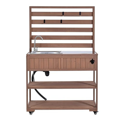 Pasirou 41.7" W Outdoor Kitchen Island with Stainless Steel Top, Garden Potting Bench with Sink, Rolling Grill Cart with 2 Movable Shelves, 1 Bottle Opener for Gardening, Grilling, Brown