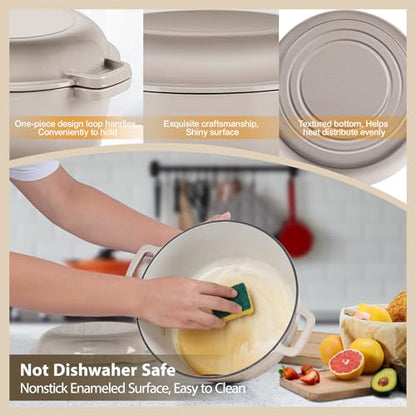 TeamFar 5 Quart Dutch Oven, 2 In 1 Enameled Cast Iron Dutch Oven Pot Cookware with Skillet Lid, for Bread Baking Braising Stewing Roasting, Sturdy & Nonstick, Oven Safe & Fit for Induction (Khaki)