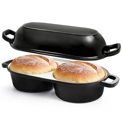 Mini Double Dutch Oven for Sourdough Bread Baking, Enamelled Cast Iron Bread Pan with Lid, Double Round Loaf Space, 16.5cm Diameter, Mini Double Dutch Oven for Homemade Baking (Black)