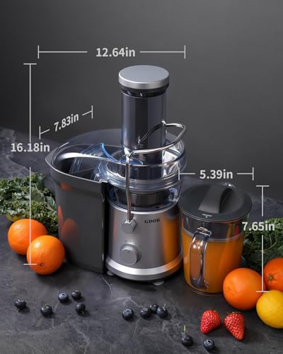 GDOR 1200W Juicer Machines with Larger 3.2" Feed Chute, 45oz Large Juice Jug, Centrifugal Juice Extractor Maker with Titanium Enhanced Cutting System, Dual Speeds, BPA-Free, Silver
