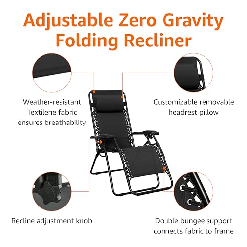 Amazon Basics Zero Gravity Lounge Chair with Pillow, Foldable Outdoor Reclining Chair for Patio and Beach, Weather-Resistant Textilene, 300 lb Capacity, 26", Black