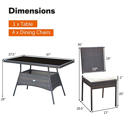 Tangkula 5 Piece Patio Wicker Dining Set, Outdoor Rattan Table and Chairs with w/Tempered Glass Table Top & Padded Cushions, Wicker Patio Conversation Furniture Set for Balcony Patio Garden Poolside