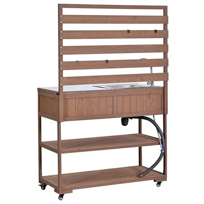 LUMISOL Outdoor Rolling Kitchen Cart with Sink and 2 Movable Shelves, Potting Bench Table with Stainless Table Top, 41.7'' Large Solid Wood Garden Workstation with 1 Bottle Opener, Brown