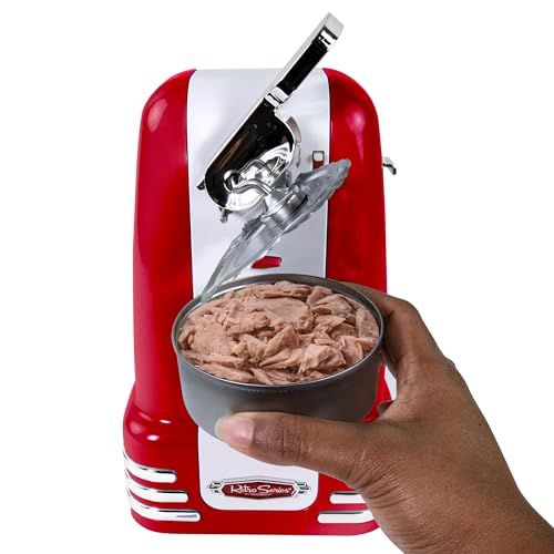 Nostalgia Retro Electric Can Opener for Kitchen with Magnetic Lid Remover, Knife Sharpener, and Soda or Beer Bottle Opener, Red