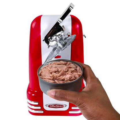 Nostalgia Retro Electric Can Opener for Kitchen with Magnetic Lid Remover, Knife Sharpener, and Soda or Beer Bottle Opener, Red