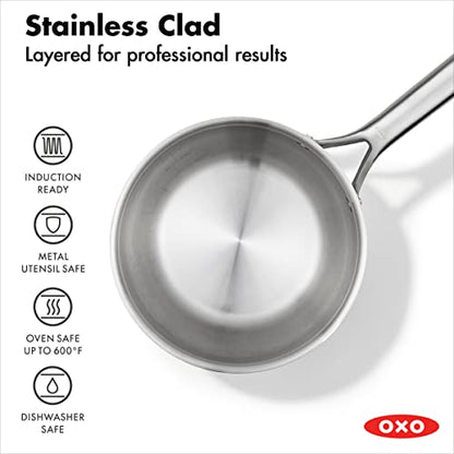 OXO Mira Tri-Ply Stainless Steel, 1.5QT Covered Chef's Pan with Lid, PFAS-Free, Multi Clad, Induction, Dishwasher Safe, Oven Safe, Silver