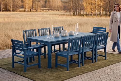 Patio Kingdom Perli™ 9-Piece Outdoor Dining Set, All-Weather HDPE Patio Furniture with 8 Ergonomic Chairs & Large Table, Built-in Umbrella Hole, UV-Resistant Set for Backyard, Deck, Poolside, Blue