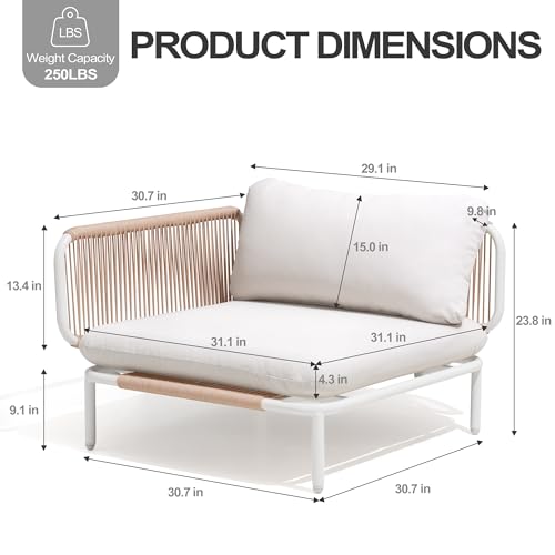VredHom 4 Piece Modern Outdoor Sectional Sofa, 31" Oversized Patio Furniture Set with Olefin Woven Rope, Weather-Resistant Metal Frame and Removable Cushion, Beige