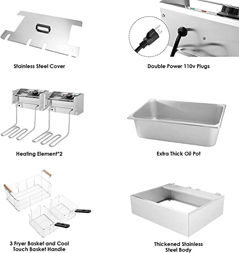 TANGME Commercial Deep Fryer, 3400w Electric Countertop Fryer with 3 Baskets, 22L/23.25Qt 1mm Thickened Stainless Steel Oil Fryer with Temperature Limiter for Restaurant, UL Certified