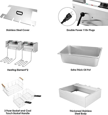 TANGME Commercial Deep Fryer, 3400w Electric Countertop Fryer with 3 Baskets, 22L/23.25Qt 1mm Thickened Stainless Steel Oil Fryer with Temperature Limiter for Restaurant, UL Certified