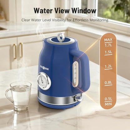 Electric Tea Kettle Retro‑Blue, 57oz Hot Water Pot with Thermometer