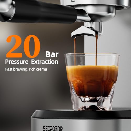 SECPOEDR 20 Bar Compact Espresso Machine with Pressure Gauge, Stainless Steel Espresso Maker with Milk Frother, Coffee Machine for Cappuccino & Latte, Silver