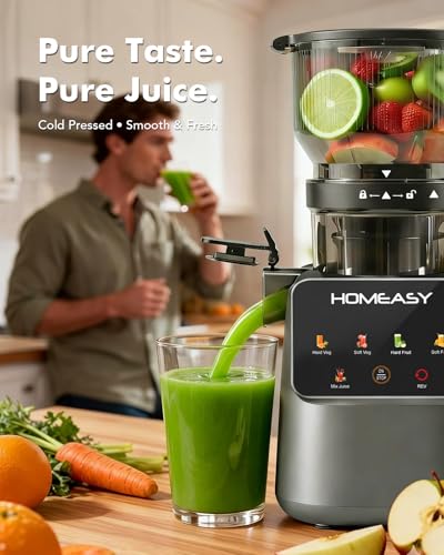 HOMEASY Cold Press Juicer Machines, 5.8'' Large Feed Chute for Whole Fruits and Vegetables, 300W Slow Masticating Juicer, High Juice Yield, 5 Smart Modes, Easy to Clean