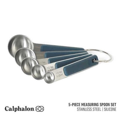 Calphalon Prime Measuring Spoons, Plastic Measuring Spoon Set, 5-Piece Stainless Steel Measuring Spoons Navy Silicone Handle Accurate, Durable for Spices and Small Portions