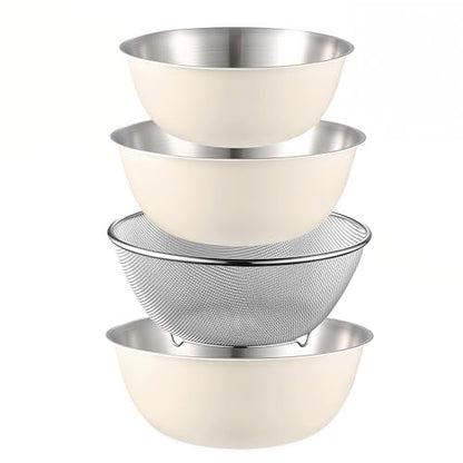 Eugelrom 4-Piece 304 Stainless Steel Mixing Bowls Set with Colander & Strainer – Off-White Coated Nesting Bowls, Food Grade Metal Bowl Set for Meal Prep, Kitchen Essentials (Lids Not Included)