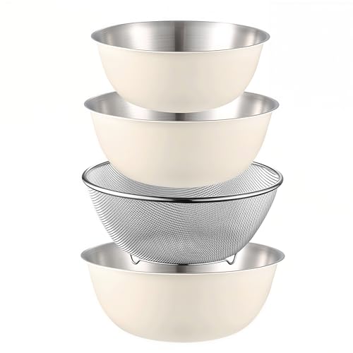 Eugelrom 4-Piece 304 Stainless Steel Mixing Bowls Set with Colander & Strainer – Off-White Coated Nesting Bowls, Food Grade Metal Bowl Set for Meal Prep, Kitchen Essentials (Lids Not Included)