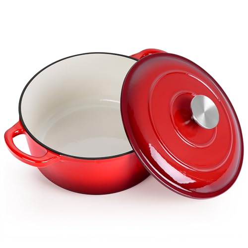 LIANYU 3QT Enameled Cast Iron Dutch Oven, Heavy Duty Round Pot with Lid, Nonstick Interior, Oven Safe to 500°F, Even Heat Distribution, Sourdough Bread Baking & Braising, Stews, Red