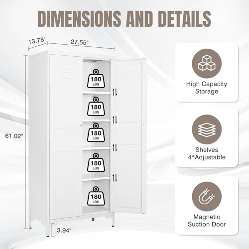 Yizosh Metal Storage Cabinet with 2 Doors and 4 Adjustable Shelves - 61" White Kitchen Pantry Storage 5-Tier Tall Steel Cabinets Locker for Kitchen, Living Room, Dining Room