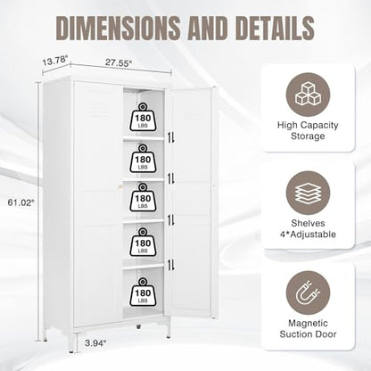 Yizosh Metal Storage Cabinet with 2 Doors and 4 Adjustable Shelves - 61" White Kitchen Pantry Storage 5-Tier Tall Steel Cabinets Locker for Kitchen, Living Room, Dining Room