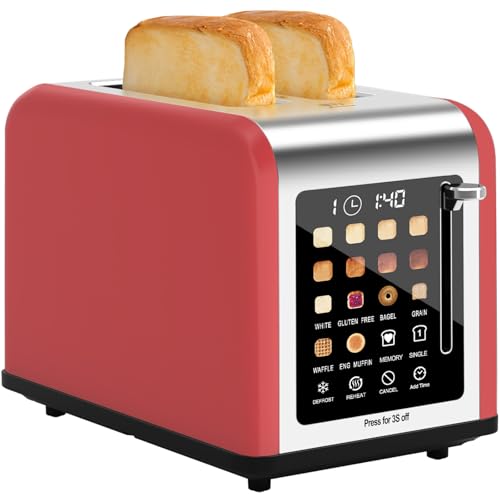 2 Slice Toaster Touch Screen, Stainless Steel Toasters Digital Timer 2 Slot Toasters, 8 Shade Settings 6 Bread Types for Bagel, Cancel, Defrost (Red)