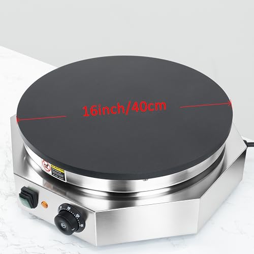 3000W Commercial Crepe Maker, 16" Non-Stick Electric Griddle with 0-300℃ Adjustable Temperature, Stainless Steel Pancake & Jianbing Machine with Wooden Spreader for Home, Snack Bar & Food Stall