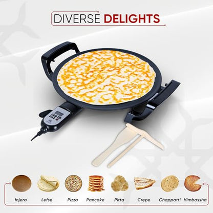 Ethniq 18.5" Electric Griddle for Ethiopian Injera, Somalian Anjero, Crepe, Lefse, Mogogo, Mitad, Pancake Teff Injera Maker - Adjustable Digital Heat Control - Non-Stick Surface -
