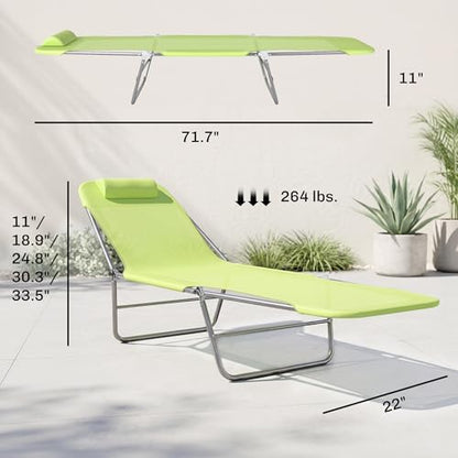 Outsunny Folding Chaise Lounge Pool Chairs, Outdoor Sun Tanning Chairs with Pillow, Reclining Back, Steel Frame & Breathable Mesh for Beach, Yard, Patio, Green