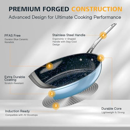 Nuwave 3-Piece 8”, 10”, 12” Forged Lightweight Frying Pan Set, G10 Healthy Duralon Blue Ceramic Ultra Non-Stick, Ergonomic Stay-Cool Handles, Induction-Ready & Works on All Cooktops