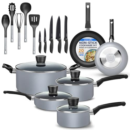 SereneLife Kitchenware Pots & Pans, Basic Kitchen Cookware Set, Black Non-Stick Coating Inside, Heat Resistant Lacquer (20-Piece Set), One Size, Gray