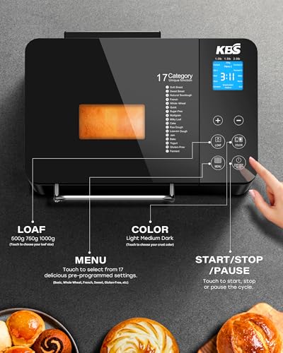 KBS Premium 2LB Convection Bread Maker Dual Heaters, 710W Stainless Steel 17-in-1 Bread Machine Healthy Ceramic Pan, Nut Dispenser,Touch Panel, 3 Loaf Sizes 3 Crust Colors, 15H Timer,Low Noise,Recipes